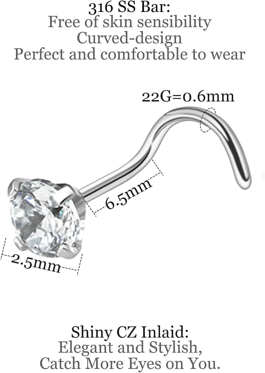 18G 20G 22G Nose Rings Studs with Cubic Zirconia 316L Surgical Steel Straight Screw L Shaped Nose Studs Piercing Jewelry for Women Men Girl CZ 1.5mm 2mm 2.5mm 3mm 20Pcs