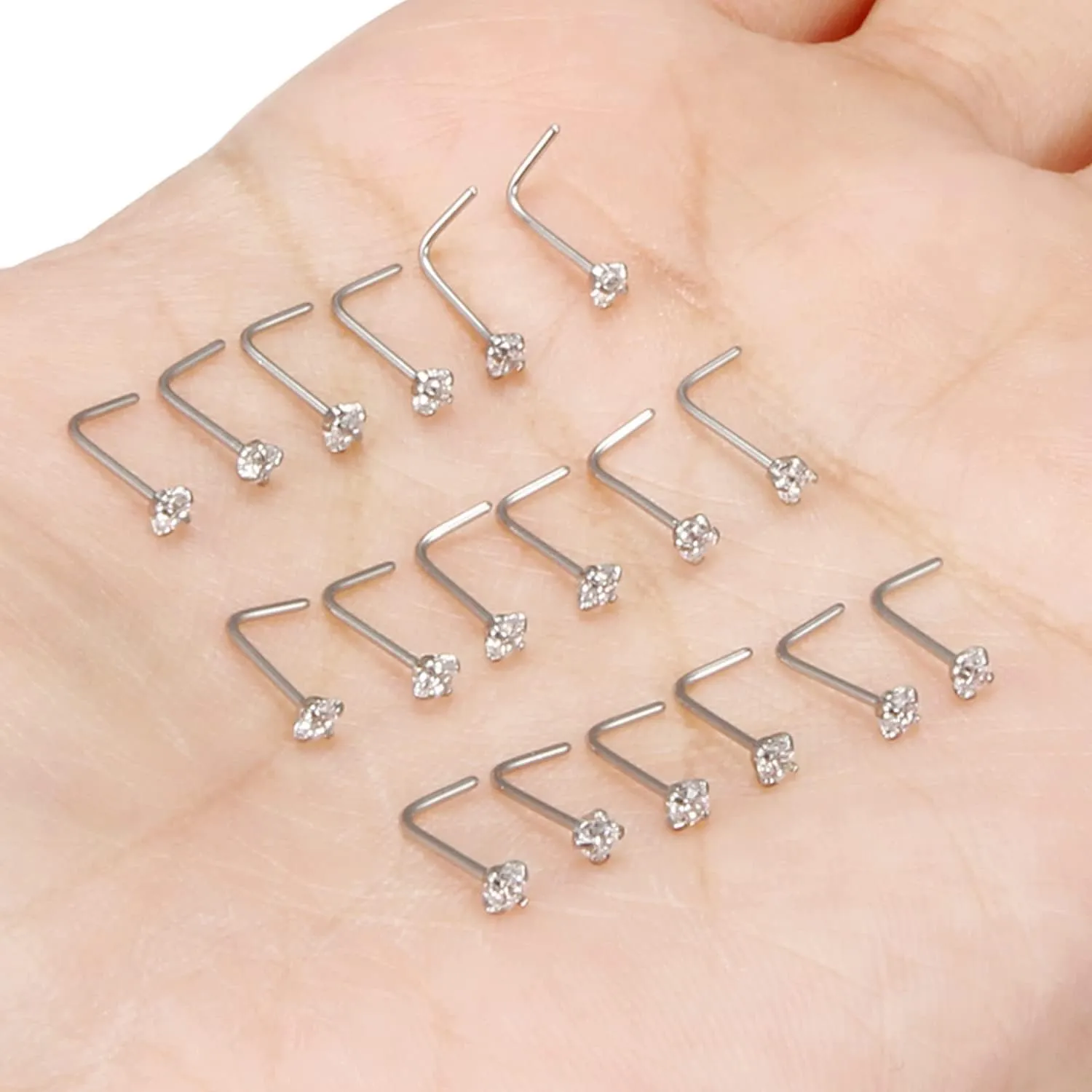 18G 20G 22G Nose Rings Studs with Cubic Zirconia 316L Surgical Steel Straight Screw L Shaped Nose Studs Piercing Jewelry for Women Men Girl CZ 1.5mm 2mm 2.5mm 3mm 20Pcs