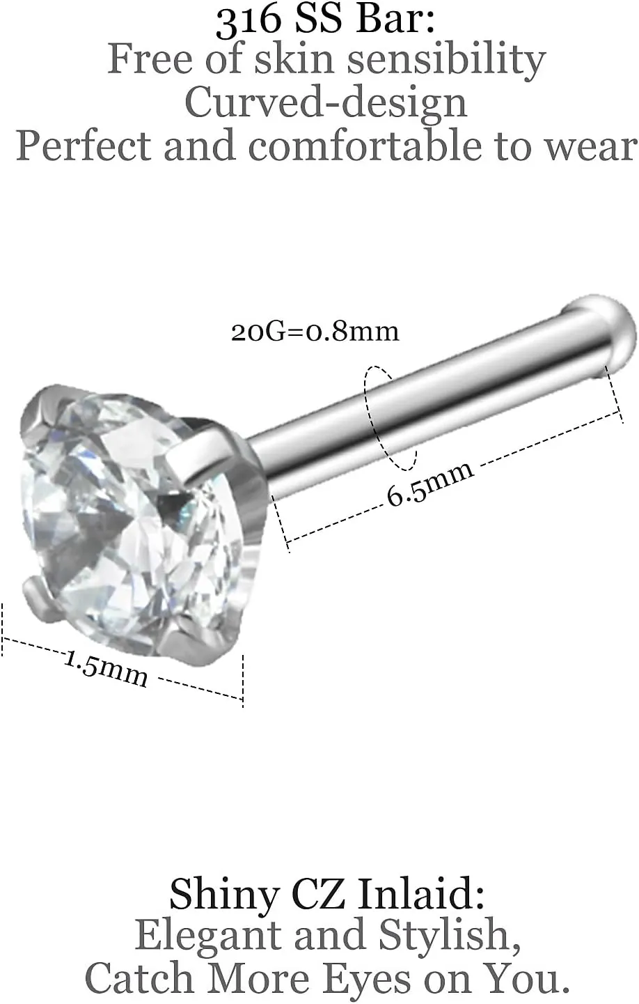 18G 20G 22G Nose Rings Studs with Cubic Zirconia 316L Surgical Steel Straight Screw L Shaped Nose Studs Piercing Jewelry for Women Men Girl CZ 1.5mm 2mm 2.5mm 3mm 20Pcs