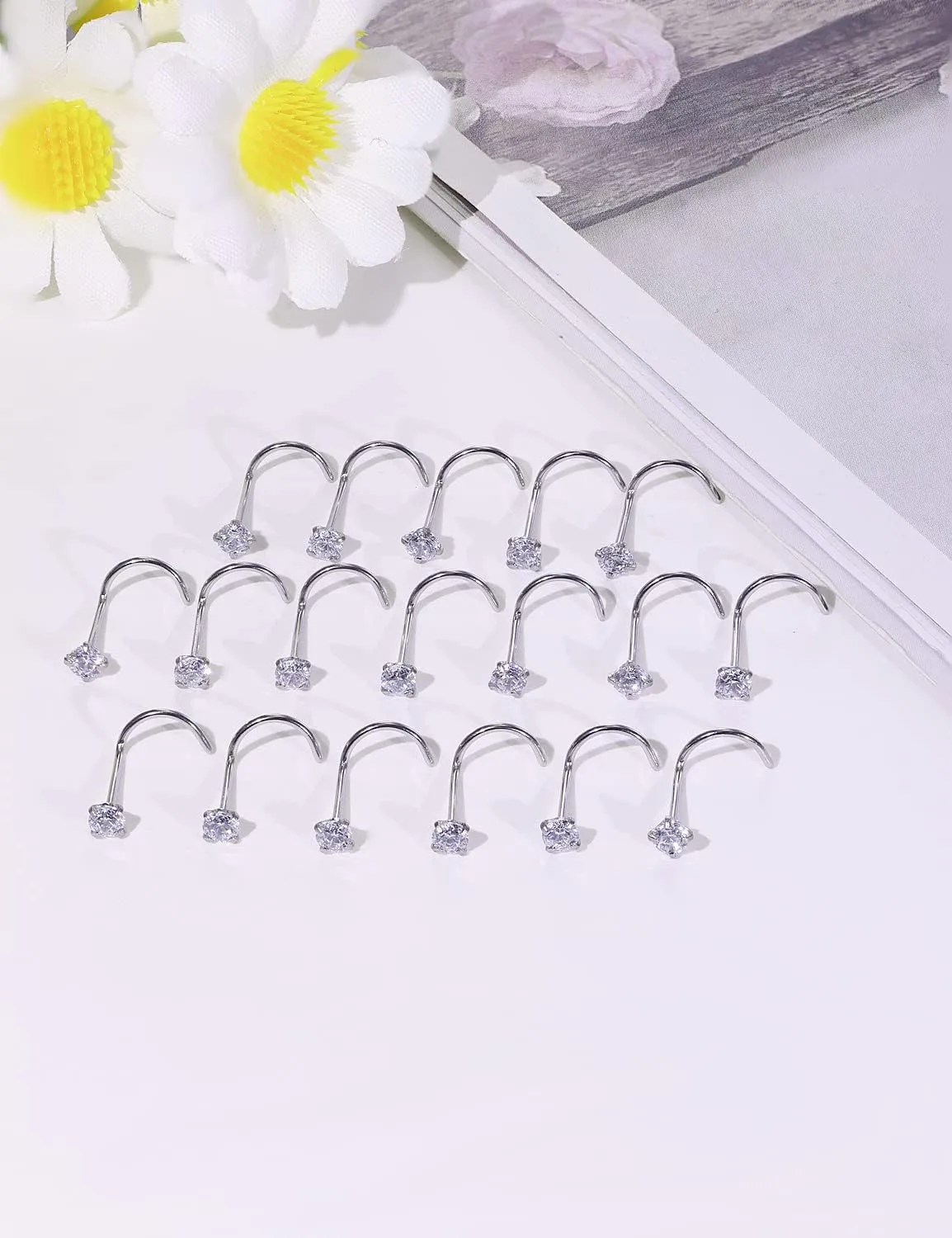 18G 20G 22G Nose Rings Studs with Cubic Zirconia 316L Surgical Steel Straight Screw L Shaped Nose Studs Piercing Jewelry for Women Men Girl CZ 1.5mm 2mm 2.5mm 3mm 20Pcs