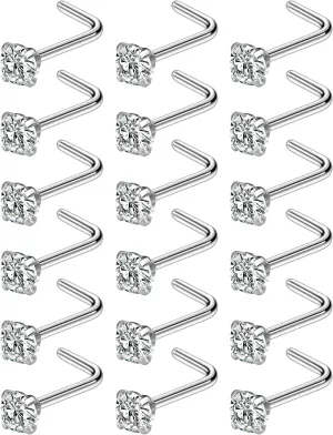 18G 20G 22G Nose Rings Studs with Cubic Zirconia 316L Surgical Steel Straight Screw L Shaped Nose Studs Piercing Jewelry for Women Men Girl CZ 1.5mm 2mm 2.5mm 3mm 20Pcs
