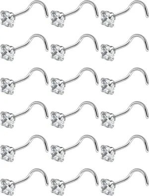 18G 20G 22G Nose Rings Studs with Cubic Zirconia 316L Surgical Steel Straight Screw L Shaped Nose Studs Piercing Jewelry for Women Men Girl CZ 1.5mm 2mm 2.5mm 3mm 20Pcs