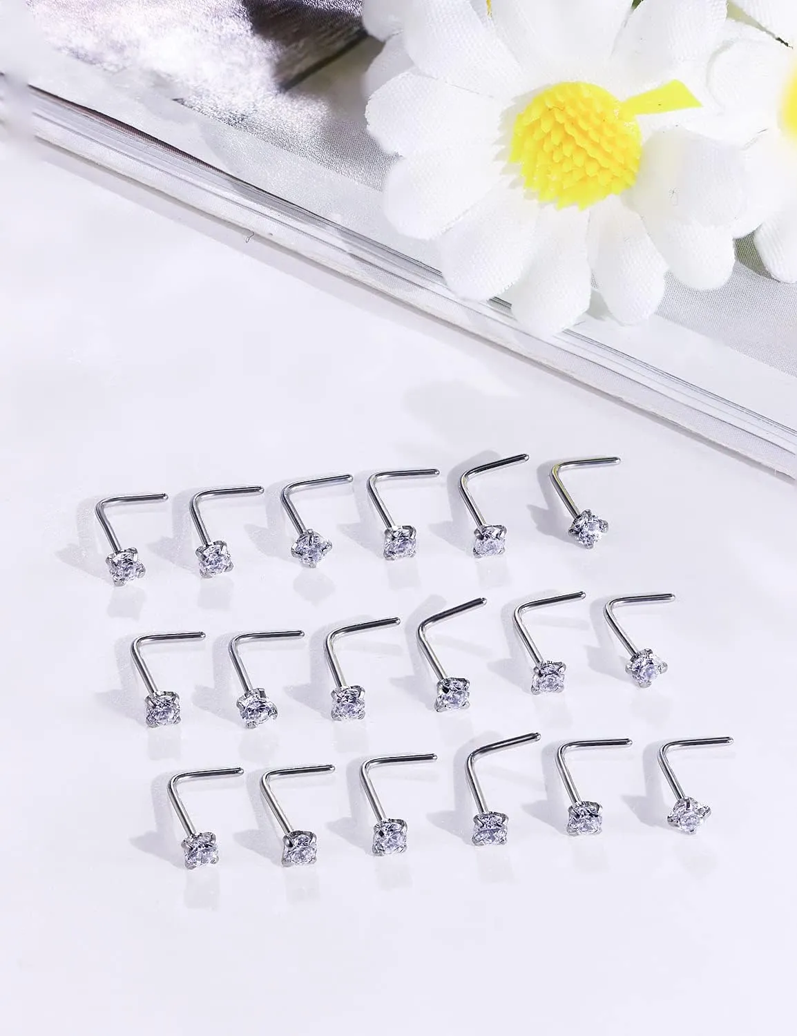 18G 20G 22G Nose Rings Studs with Cubic Zirconia 316L Surgical Steel Straight Screw L Shaped Nose Studs Piercing Jewelry for Women Men Girl CZ 1.5mm 2mm 2.5mm 3mm 20Pcs