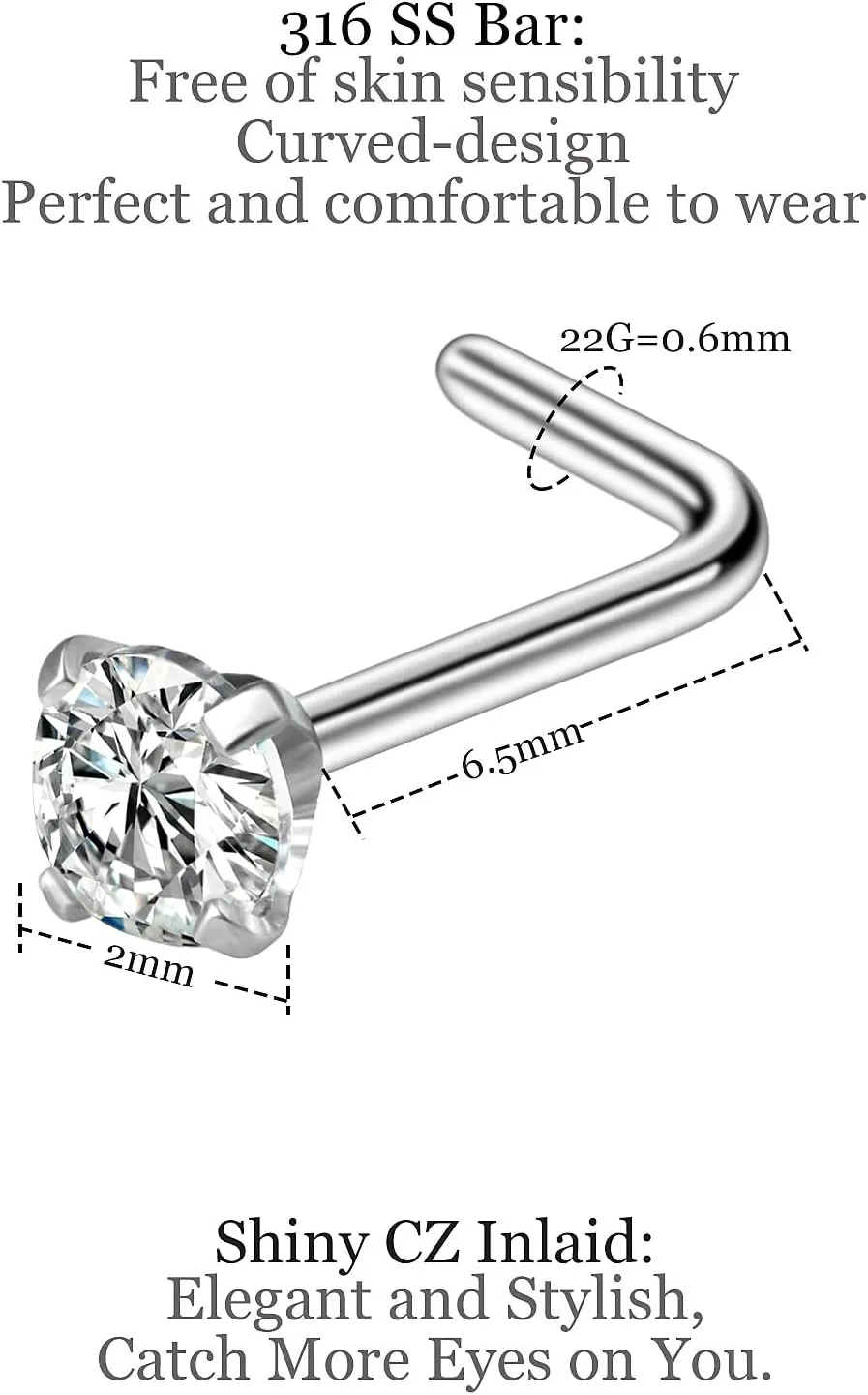 18G 20G 22G Nose Rings Studs with Cubic Zirconia 316L Surgical Steel Straight Screw L Shaped Nose Studs Piercing Jewelry for Women Men Girl CZ 1.5mm 2mm 2.5mm 3mm 20Pcs