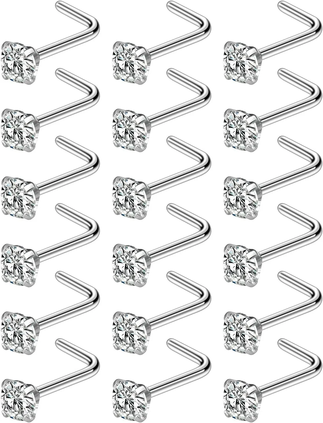18G 20G 22G Nose Rings Studs with Cubic Zirconia 316L Surgical Steel Straight Screw L Shaped Nose Studs Piercing Jewelry for Women Men Girl CZ 1.5mm 2mm 2.5mm 3mm 20Pcs