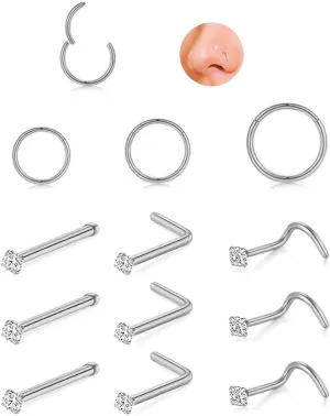 18g Nose Rings Hoop Studs Sets for Women Men,Hypoallergenic 316L Surgical Stainless Steel Hinged Clicker Segment Helix Cartilage Daith Tragus Sleeper Earrings L Shape/Corkscrew/Straight