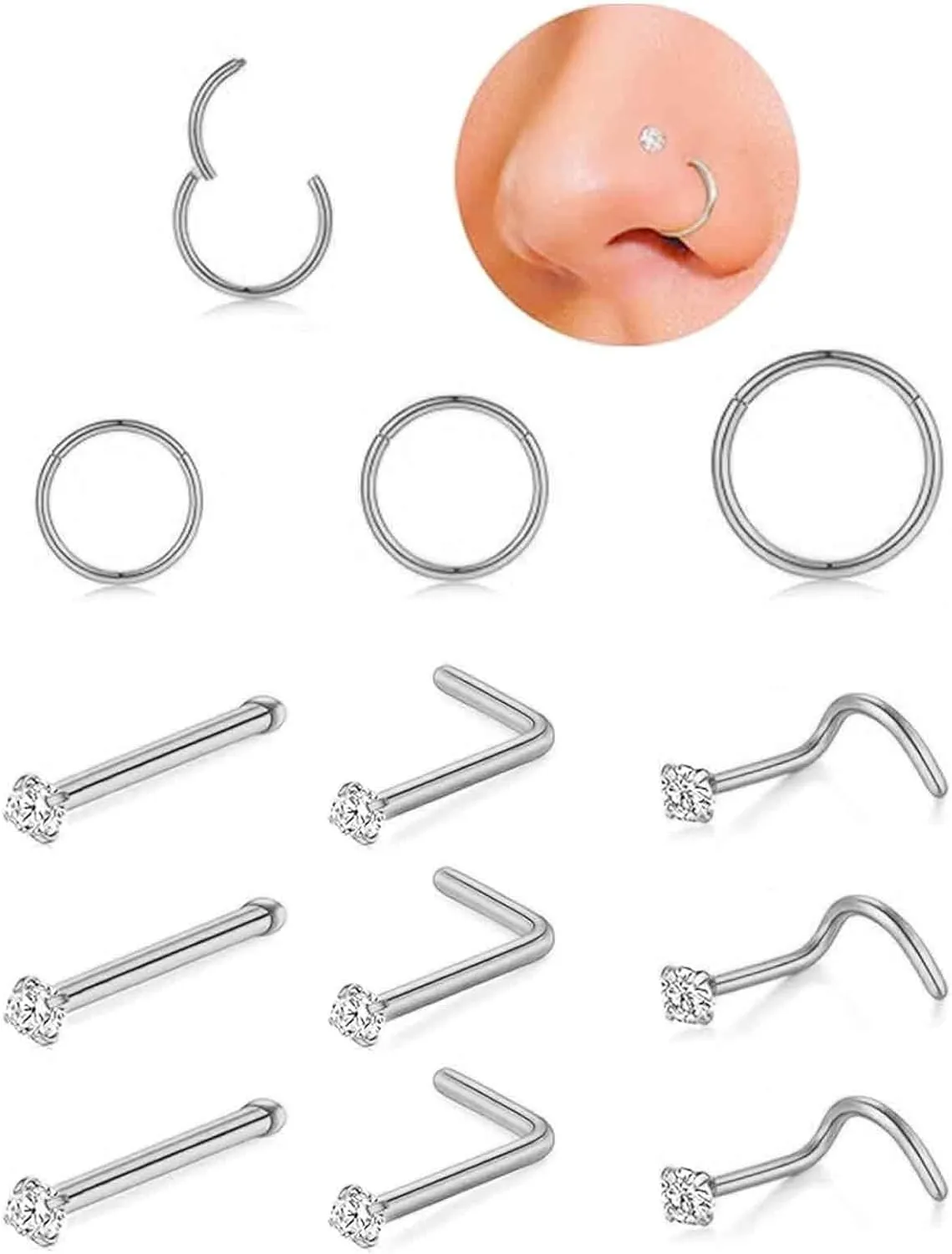 18g Nose Rings Hoop Studs Sets for Women Men,Hypoallergenic 316L Surgical Stainless Steel Hinged Clicker Segment Helix Cartilage Daith Tragus Sleeper Earrings L Shape/Corkscrew/Straight