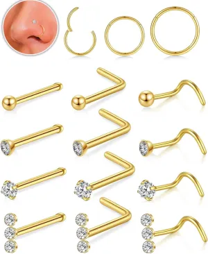 18G/20G Nose Rings Nose Studs L Shape Hypoallergenic Screw Studs Rings 316L Surgical Stainless Steel Body Piercing Jewelry Set for Women Men Cubic Zirconia Size 1.5/2/3mm Gold/Silver