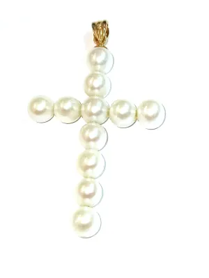 18k Designer Large Pearl Cross Pendant Christianity Gifts for women Religious Jewelry Akoya Natural Pearl Cross Charm solid 18k GOLD Bail Individual Hand knotted Christian Cross Birthday gift for Mom