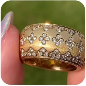 18K Gold Italian Handcrafted Brushed Buccellati-Style Ring  Luxury Four-Leaf Clover Diamond-Cut Zirconia Ring for Women, Elegant Vintage Royal Jewelry Size 6