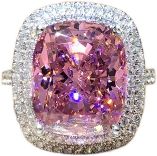 18K Gold Plated Princess Cut Pink Crystal Silver Ring with AAA White Cubic Zirconia Full Diamond Ring CZ Eternity Engagement Wedding Band Ring for Women Size 6-10