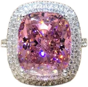 18K Gold Plated Princess Cut Pink Crystal Silver Ring with AAA White Cubic Zirconia Full Diamond Ring CZ Eternity Engagement Wedding Band Ring for Women Size 6-10