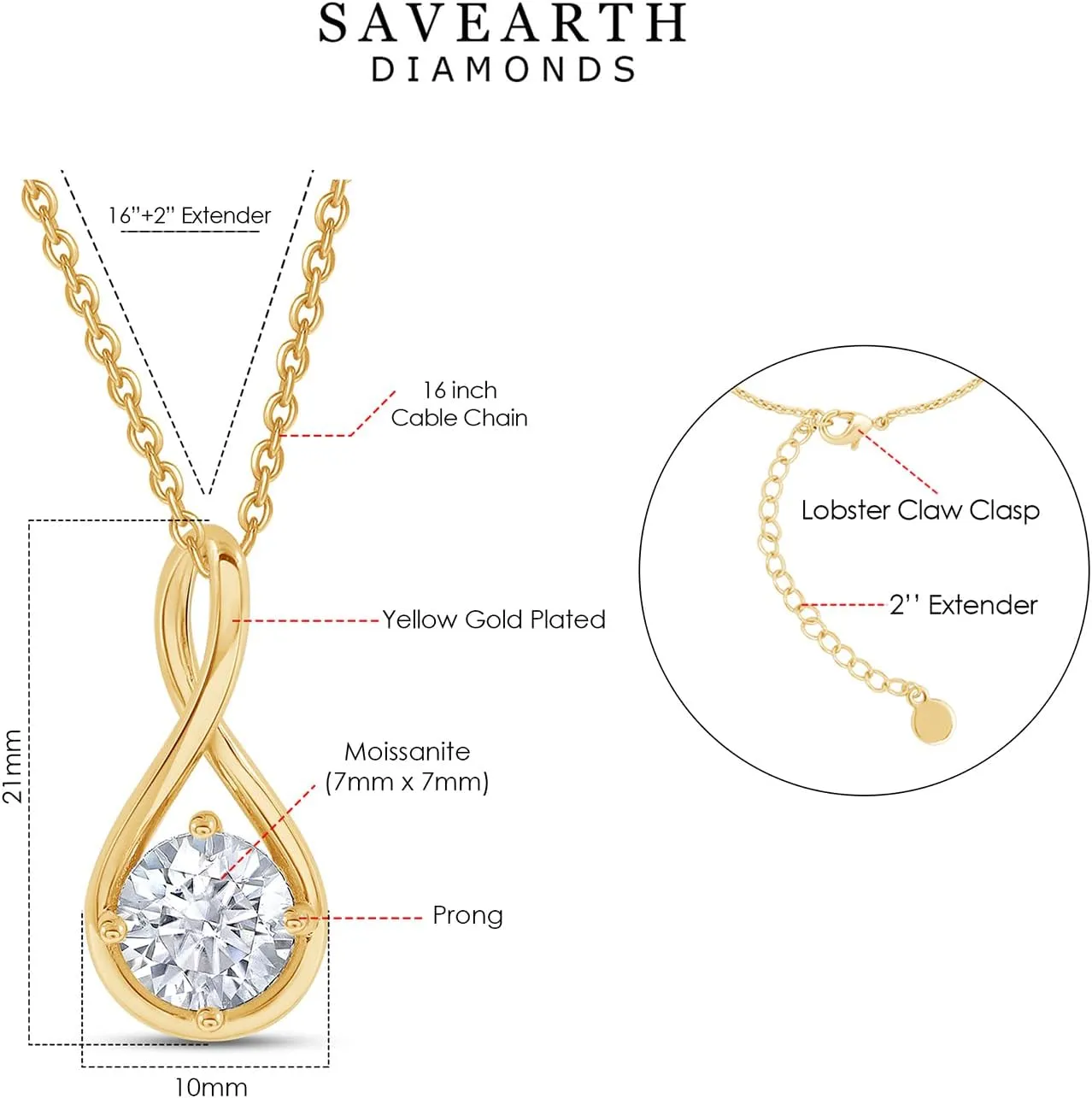 18K Gold Plated Solitaire Pendant Necklace for Women | 7MM Moissanite Diamond Infinity Chain Necklaces | Dainty Necklace 16'' 2'' Extender (1.15 Cttw)