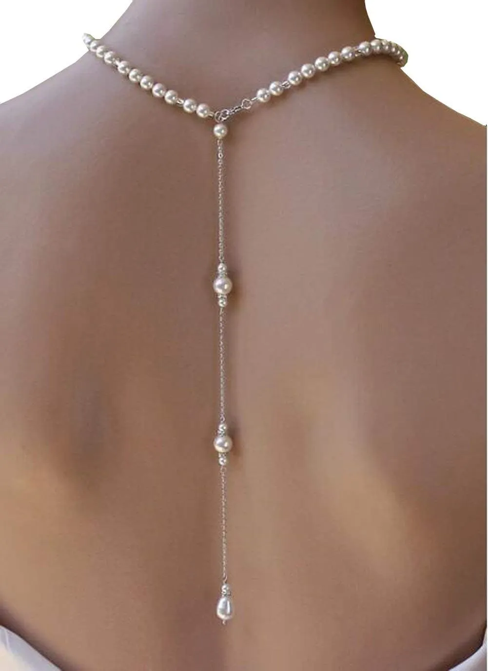 1PCS Exquisite Imitation Pearls Necklace Sexy Tassel Backdrop Necklace Long Body Chain Pendant Backless Dress Accessories Decoration Bikini Bodychain for Women Wedding Brides and Prom