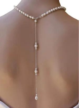 1PCS Exquisite Imitation Pearls Necklace Sexy Tassel Backdrop Necklace Long Body Chain Pendant Backless Dress Accessories Decoration Bikini Bodychain for Women Wedding Brides and Prom