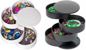 2 pack Small Travel Jewelry Organizer, 4-Layer Rotating Jewelry Storage Box Earrings Bracelets Rings Necklaces Holder with Lid for Girls Teen Women (Black and White)
