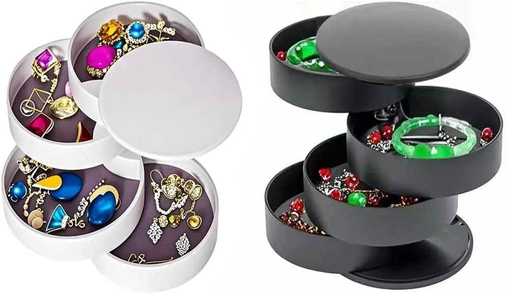 2 pack Small Travel Jewelry Organizer, 4-Layer Rotating Jewelry Storage Box Earrings Bracelets Rings Necklaces Holder with Lid for Girls Teen Women (Black and White)