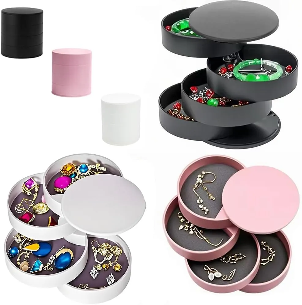 2 pack Small Travel Jewelry Organizer, 4-Layer Rotating Jewelry Storage Box Earrings Bracelets Rings Necklaces Holder with Lid for Girls Teen Women (Black and White)