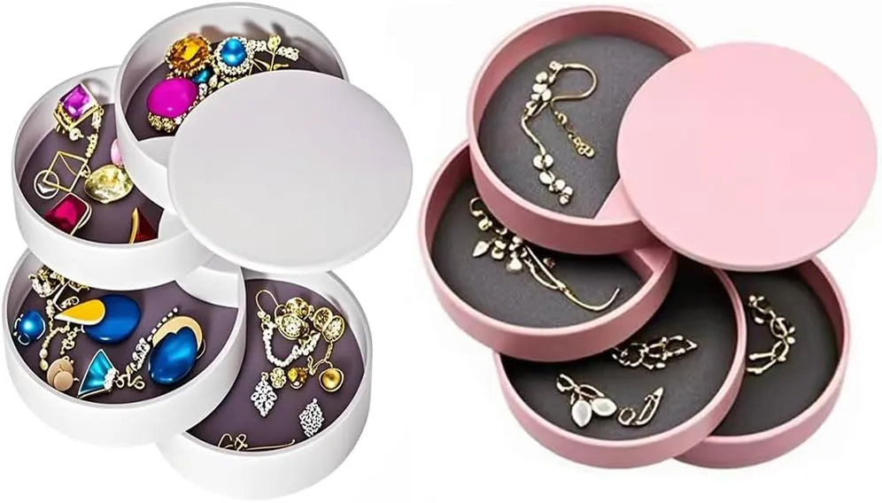 2 pack Small Travel Jewelry Organizer, 4-Layer Rotating Jewelry Storage Box Earrings Bracelets Rings Necklaces Holder with Lid for Girls Teen Women (Pink and White)