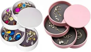 2 pack Small Travel Jewelry Organizer, 4-Layer Rotating Jewelry Storage Box Earrings Bracelets Rings Necklaces Holder with Lid for Girls Teen Women (Pink and White)