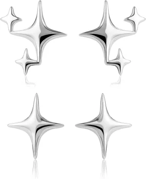 2 Pairs Sterling Silver Star Earrings for Women, Post Dainty Cute Tiny Asymmetric Small Stud, Hypoallergenic Accessories Suitable for Allergy-prone Crowd, Wedding Engagement Birthday Present