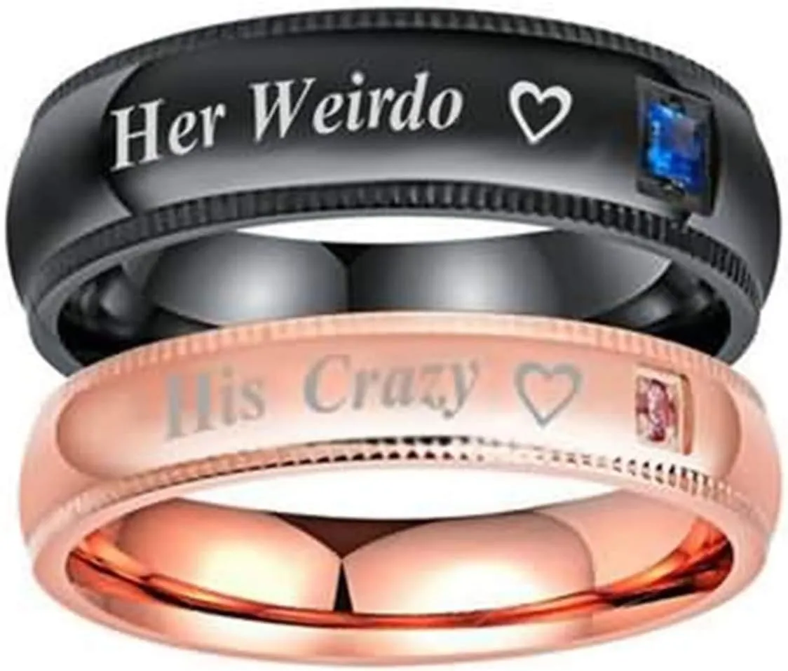2 PCS Couple Rings Stainless Steel with Engraving Her Weirdo His Crazy Heart Round Width 6/4MM Wedding Promise Rose Gold Black Women Size 8 & Men Size 11