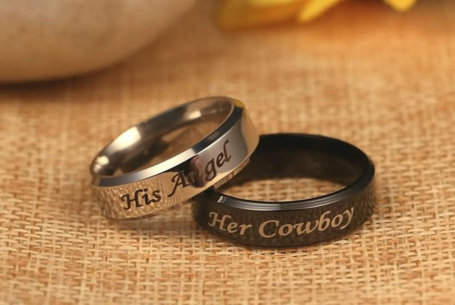 2 PCS Couple Rings Stainless Steel with Engraving His Angel Her Cowboy Width 6MM Round Black Silver Couples Rings for Him and Her Set