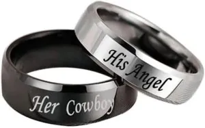 2 PCS Couple Rings Stainless Steel with Engraving His Angel Her Cowboy Width 6MM Round Black Silver Couples Rings for Him and Her Set