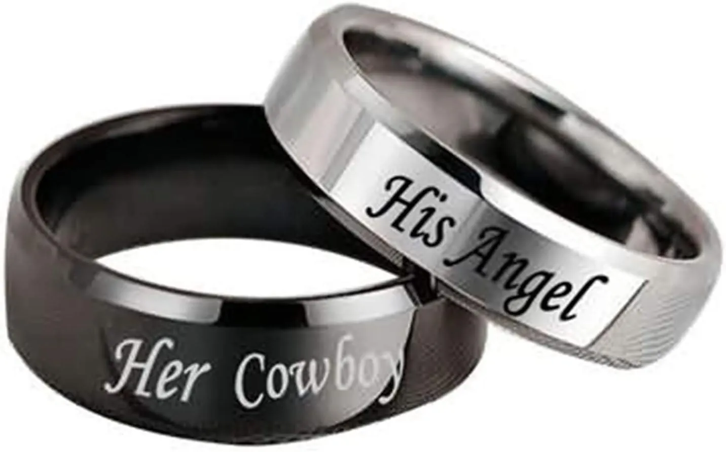2 PCS Couple Rings Stainless Steel with Engraving His Angel Her Cowboy Width 6MM Round Black Silver Couples Rings for Him and Her Set