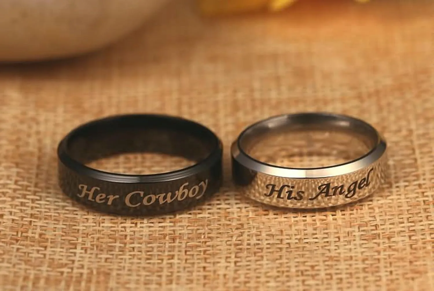 2 PCS Couple Rings Stainless Steel with Engraving His Angel Her Cowboy Width 6MM Round Black Silver Couples Rings for Him and Her Set