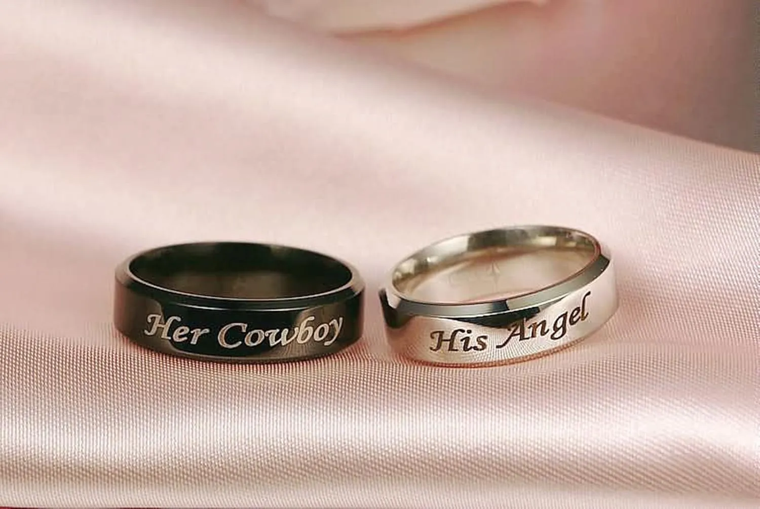 2 PCS Couple Rings Stainless Steel with Engraving His Angel Her Cowboy Width 6MM Round Black Silver Couples Rings for Him and Her Set