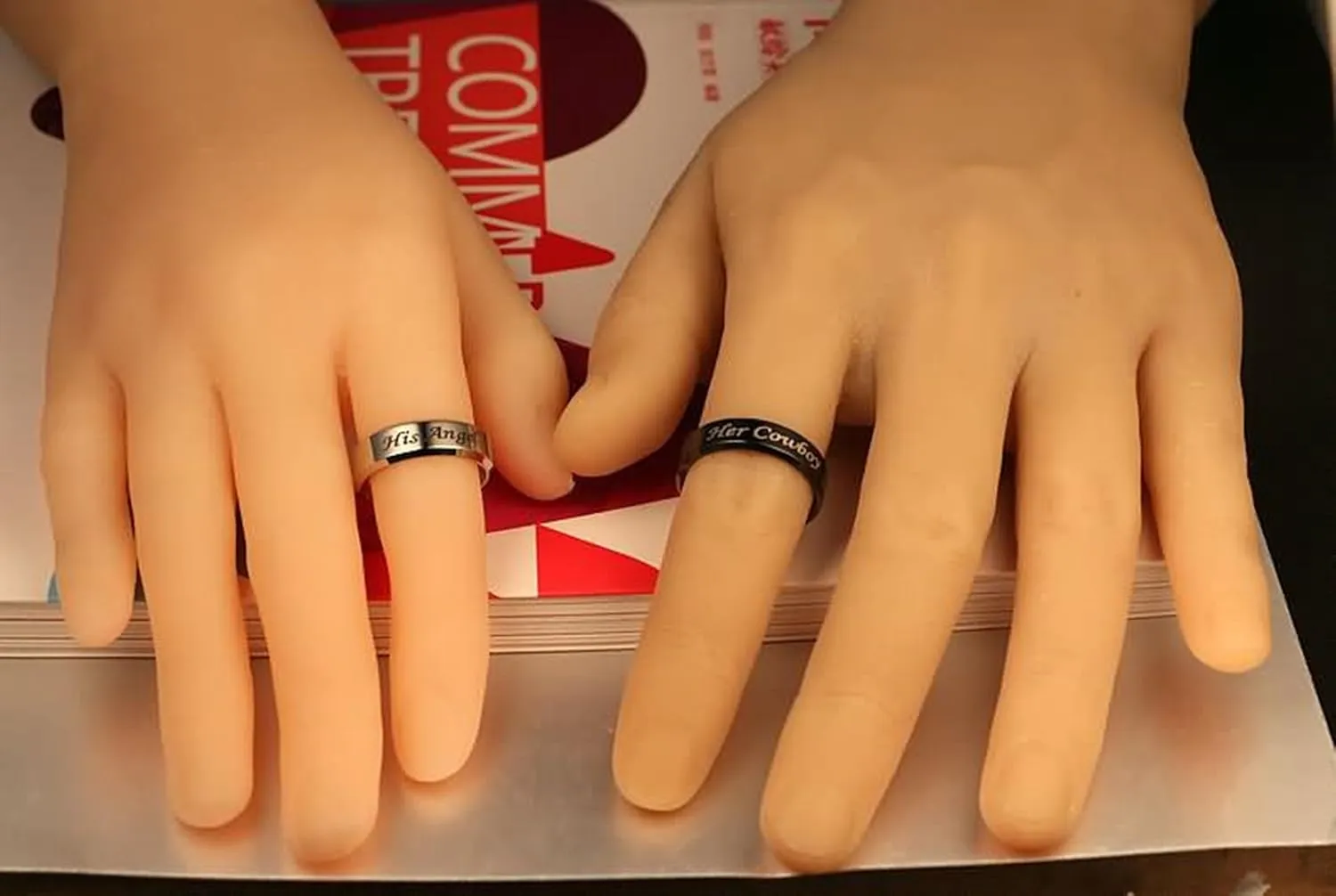 2 PCS Couple Rings Stainless Steel with Engraving His Angel Her Cowboy Width 6MM Round Black Silver Couples Rings for Him and Her Set