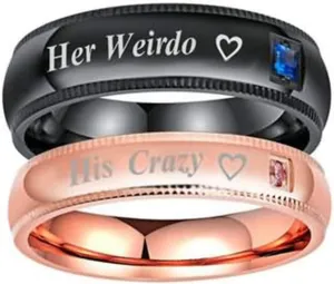 2 PCS Stainless Steel Couple Rings with Engraving His Crazy Her Weirdo Heart Width 6/4MM Round Engagement Wedding Black Rose Gold Women Size 6 & Men Size 6