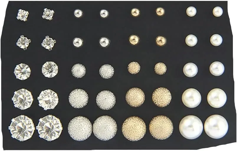 20 Pairs Stud Earrings Crystal Pearl Earring Set Ear Stud Earring for Women Men Silver and Gold