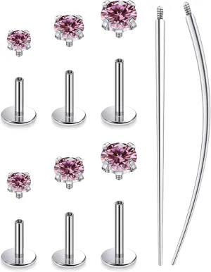 20G 18G 16G Internally Threaded Astm F136 Titanium Nose Ring Studs Flat Back Studs Earrings G23 Titanium Tragus Helix Conch Cartilage Earrings Piercing Jewelry For Women Men Clear Pink CZ