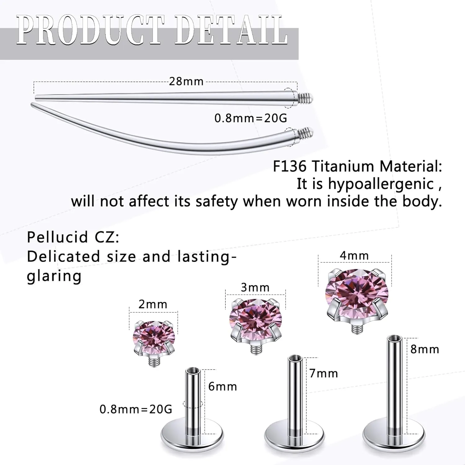 20G 18G 16G Internally Threaded Astm F136 Titanium Nose Ring Studs Flat Back Studs Earrings G23 Titanium Tragus Helix Conch Cartilage Earrings Piercing Jewelry For Women Men Clear Pink CZ