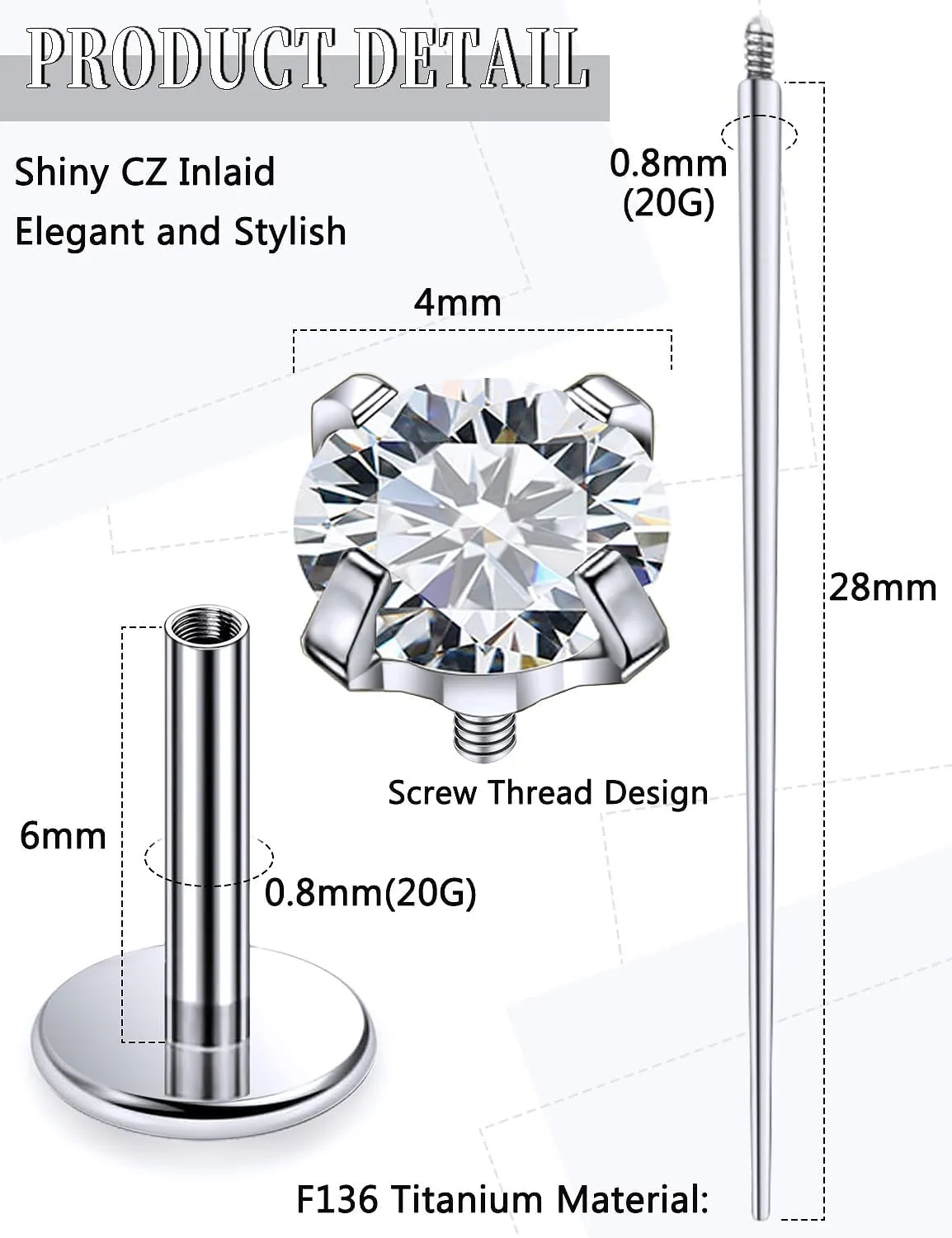 20G 18G 16G Internally Threaded Astm F136 Titanium Nose Ring Studs Flat Back Studs Earrings G23 Titanium Tragus Helix Conch Cartilage Earrings Piercing Jewelry For Women Men CZ 2mm 3mm 4mm