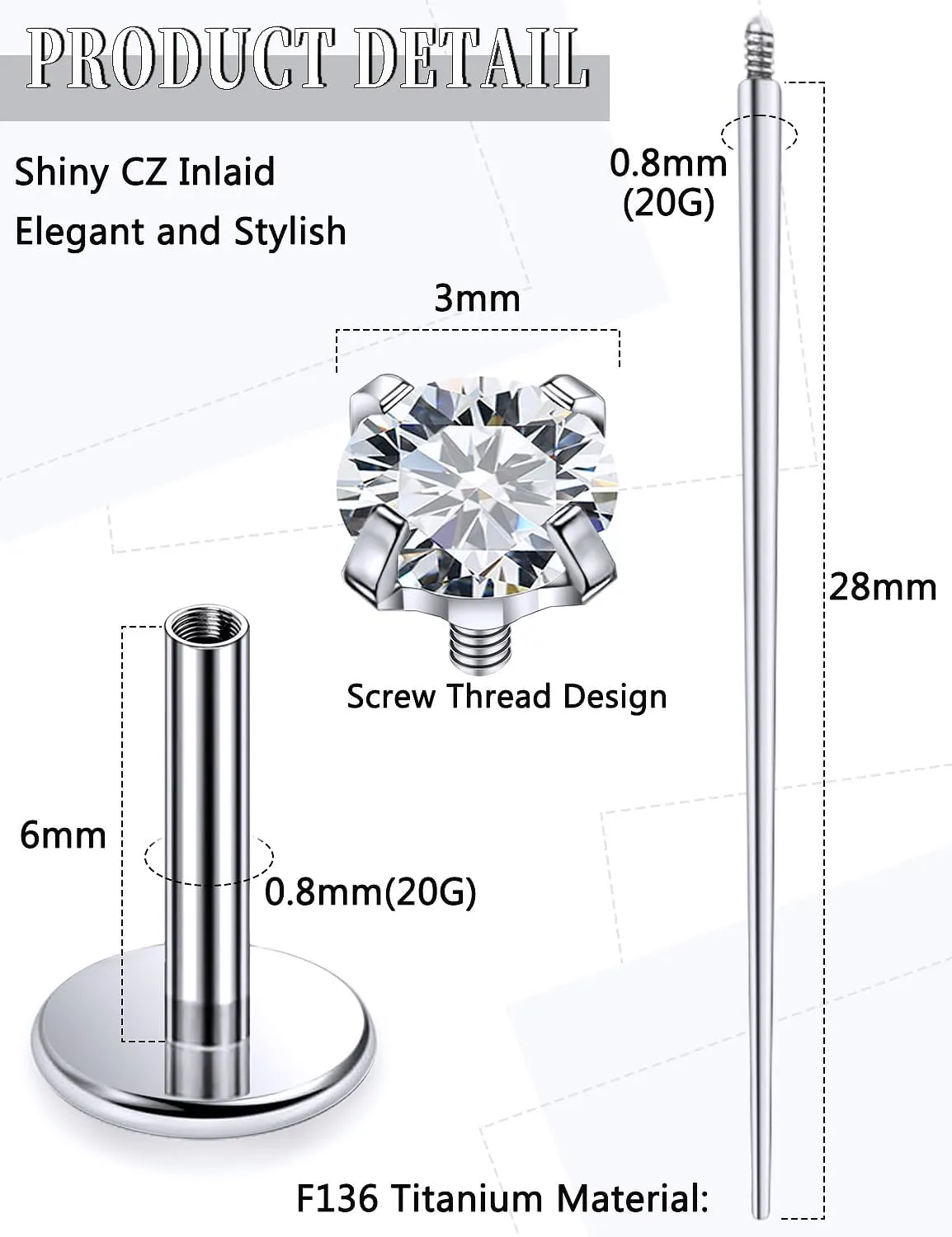 20G 18G 16G Internally Threaded Astm F136 Titanium Nose Ring Studs Flat Back Studs Earrings G23 Titanium Tragus Helix Conch Cartilage Earrings Piercing Jewelry For Women Men CZ 2mm 3mm 4mm