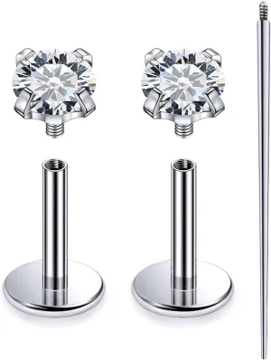 20G 18G 16G Internally Threaded Astm F136 Titanium Nose Ring Studs Flat Back Studs Earrings G23 Titanium Tragus Helix Conch Cartilage Earrings Piercing Jewelry For Women Men CZ 2mm 3mm 4mm
