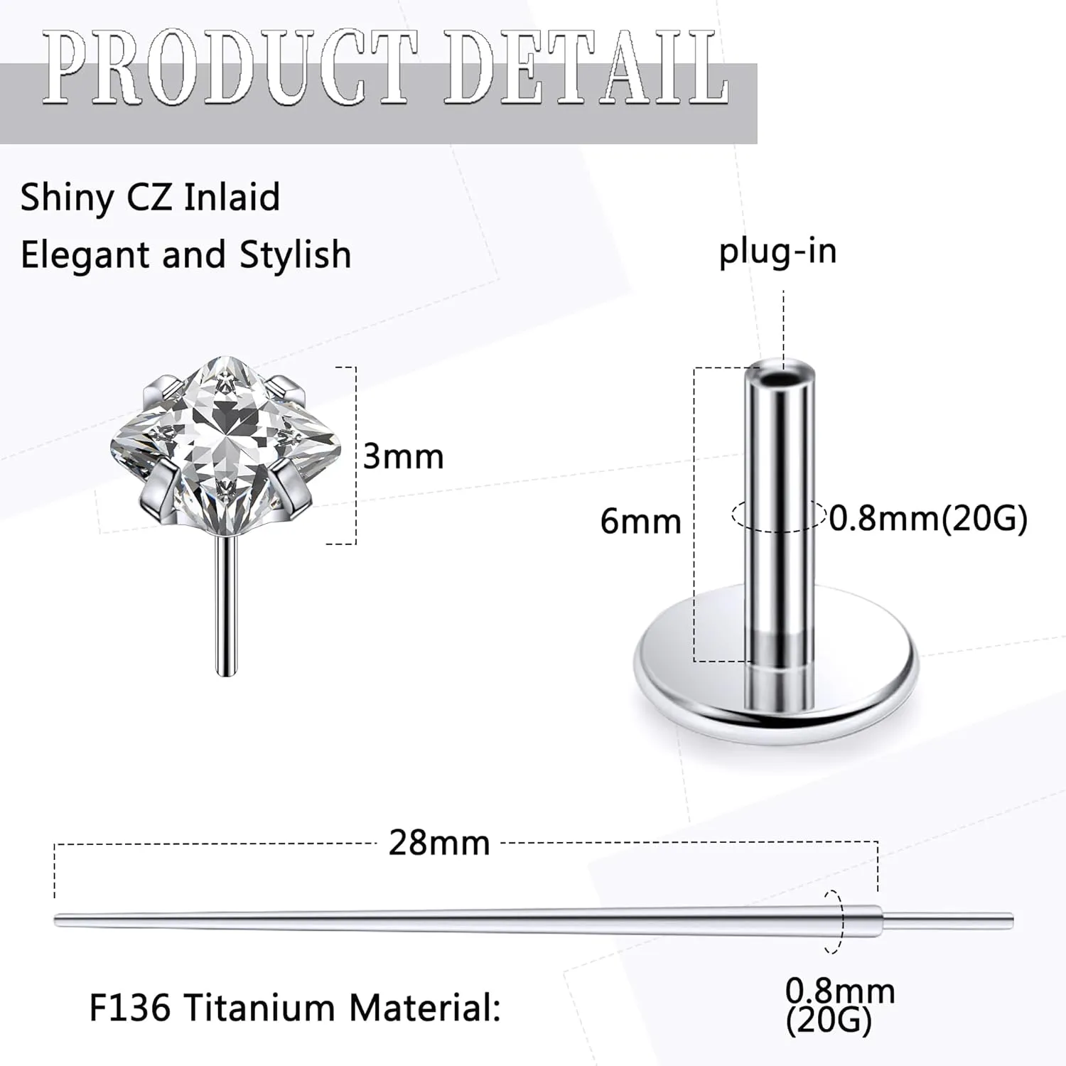20G 18G 16G Threadless Push In Astm F136 Titanium Nose Ring Studs Flat Back Studs Earrings G23 Titanium Tragus Helix Conch Cartilage Earrings Piercing Jewelry For Women Men Clear Pink CZ