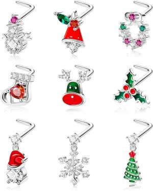 20G 9PCS 316L Stainless Steel Christmas Nose Rings Stud for Women Men Christmas Elements Nose Studs Christmas Tree Snowflake Socks Nose Piercing Stud