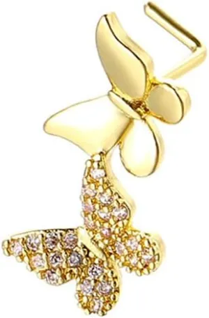 20G Butterfly L-Shaped Nose Rings for Women 18K Gold Plated Surgical Steel Nose Studs Rings CZ Paved Nose Nostril Piercing Jewelry