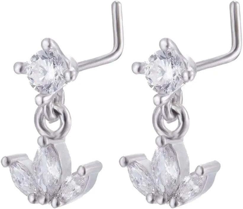 20G CZ Crown Dangle Nose Rings for Women 316L Surgical Steel L-Shaped Nose Studs Ring Sparkling Nostril Piercing Jewelry
