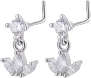 20G CZ Crown Dangle Nose Rings for Women 316L Surgical Steel L-Shaped Nose Studs Ring Sparkling Nostril Piercing Jewelry