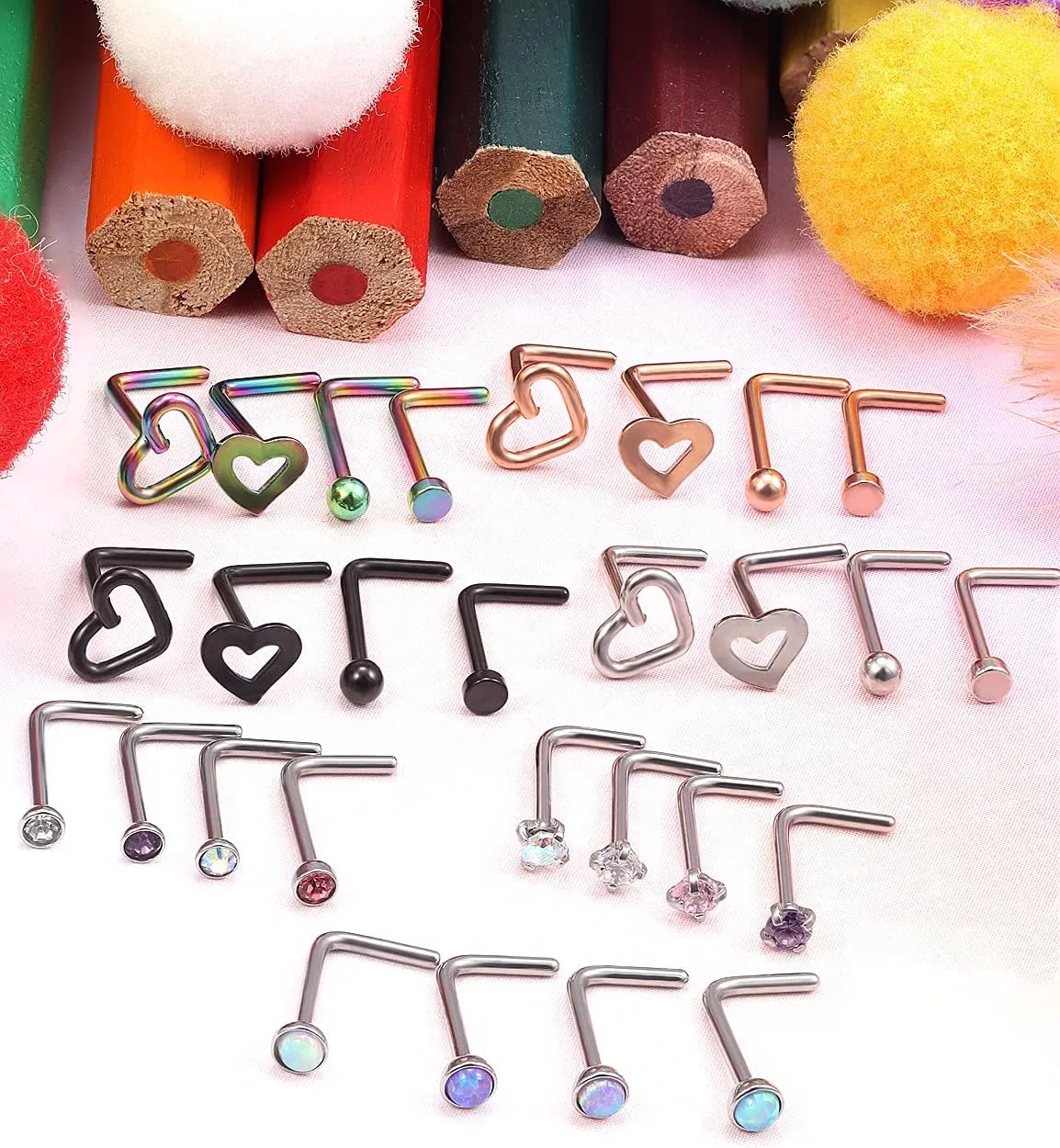 20g Straight/L/Corkscrew Nose Rings Studs Piercings Jewelry for Women Men Surgical Steel Hypoallergenic 2mm Opal Nostril
