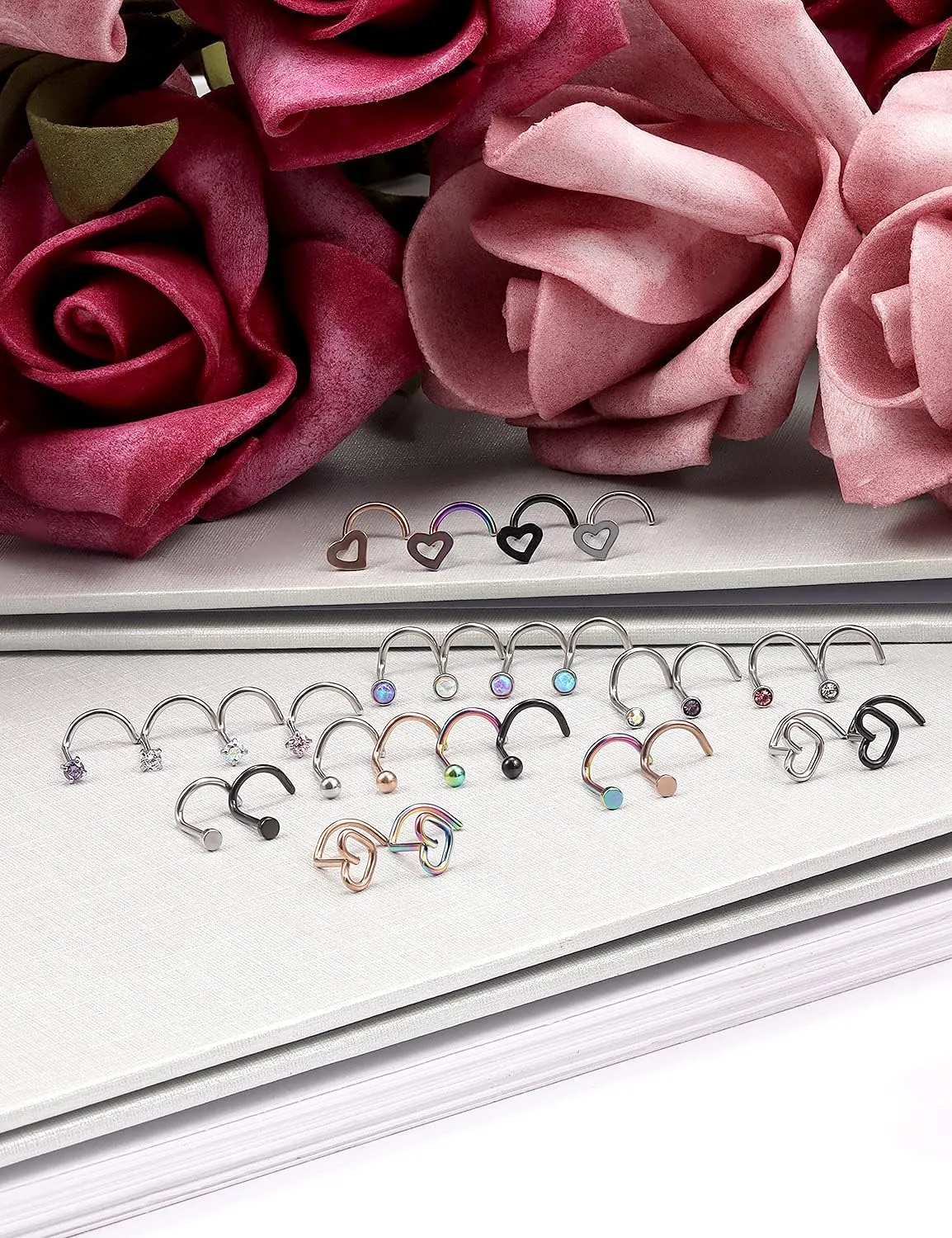 20g Straight/L/Corkscrew Nose Rings Studs Piercings Jewelry for Women Men Surgical Steel Hypoallergenic 2mm Opal Nostril