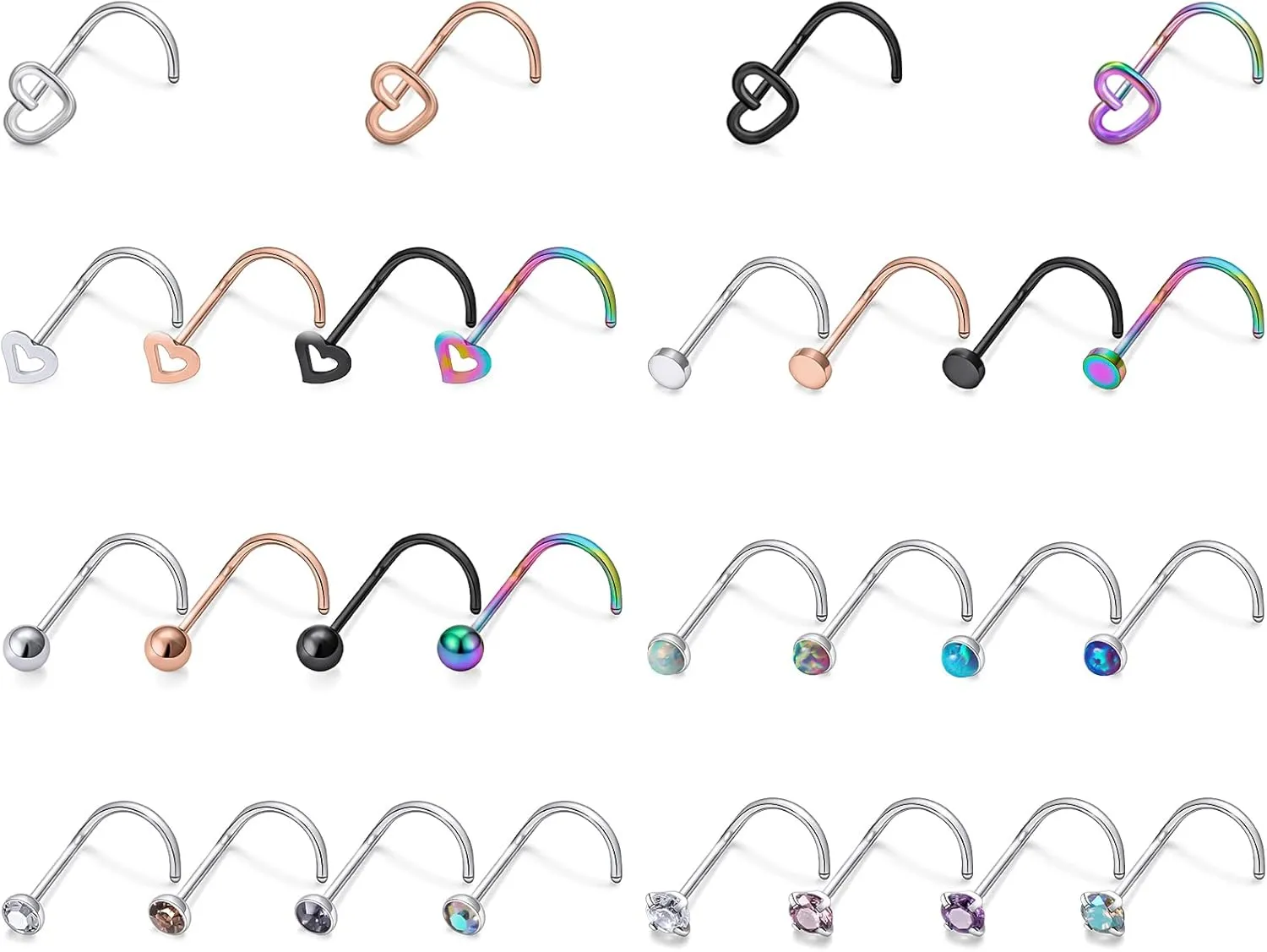 20g Straight/L/Corkscrew Nose Rings Studs Piercings Jewelry for Women Men Surgical Steel Hypoallergenic 2mm Opal Nostril
