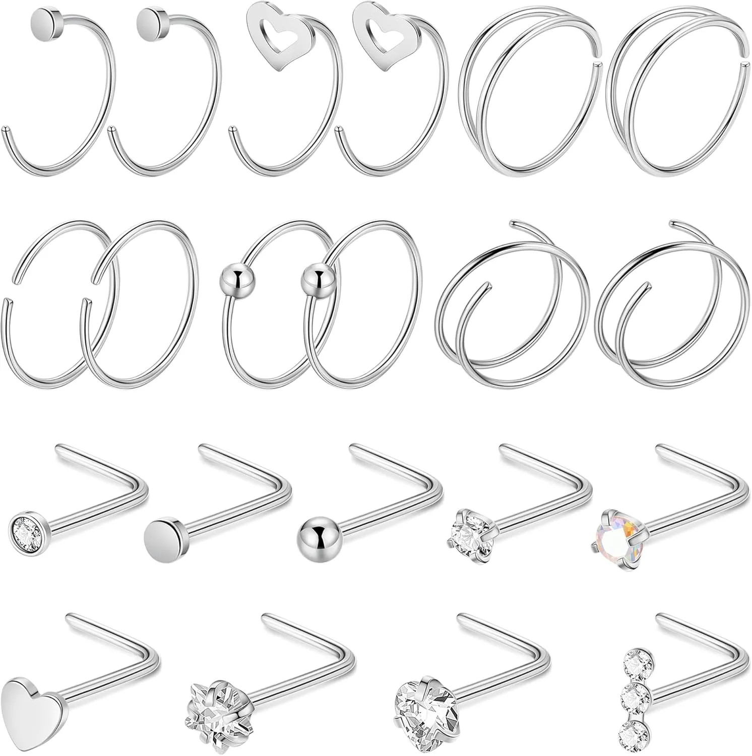 21PCS 22G 316L Stainless Steel Nose Rings Hoops for Women Men CZ L Shaped Nose Studs Open Hoop Nose Rings Nostril Piercing Jewelry