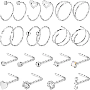 21PCS 22G 316L Stainless Steel Nose Rings Hoops for Women Men CZ L Shaped Nose Studs Open Hoop Nose Rings Nostril Piercing Jewelry