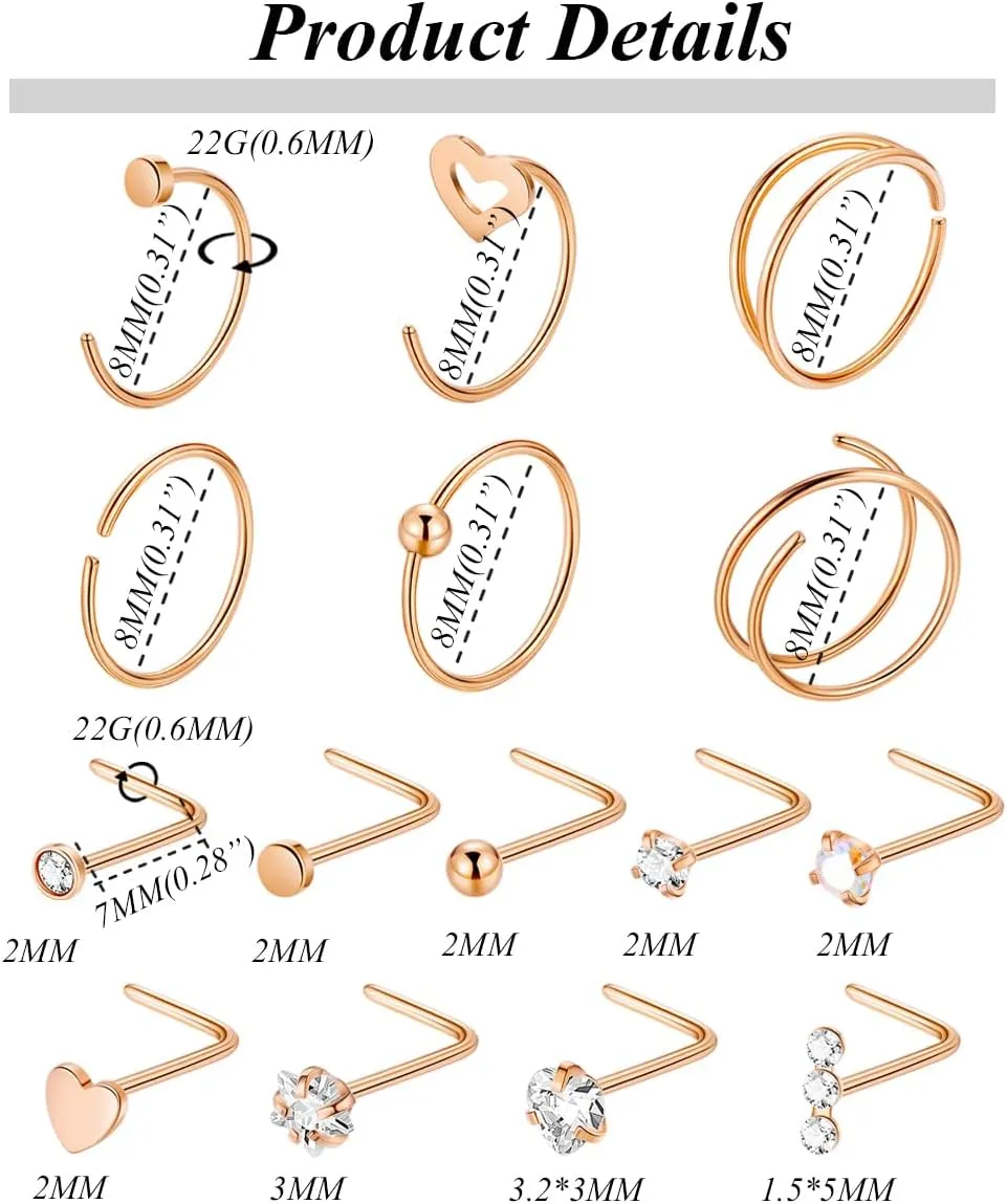21PCS 22G 316L Stainless Steel Nose Rings Hoops for Women Men CZ L Shaped Nose Studs Open Hoop Nose Rings Nostril Piercing Jewelry